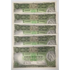 AUSTRALIA 1953 . ONE 1 POUND BANKNOTES . CONSECUTIVE FIVE 
